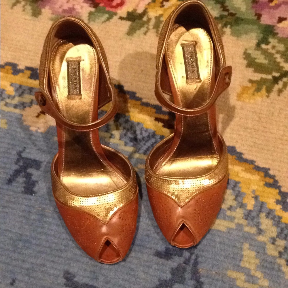 Prada shoes heels Mary Janes brown gold